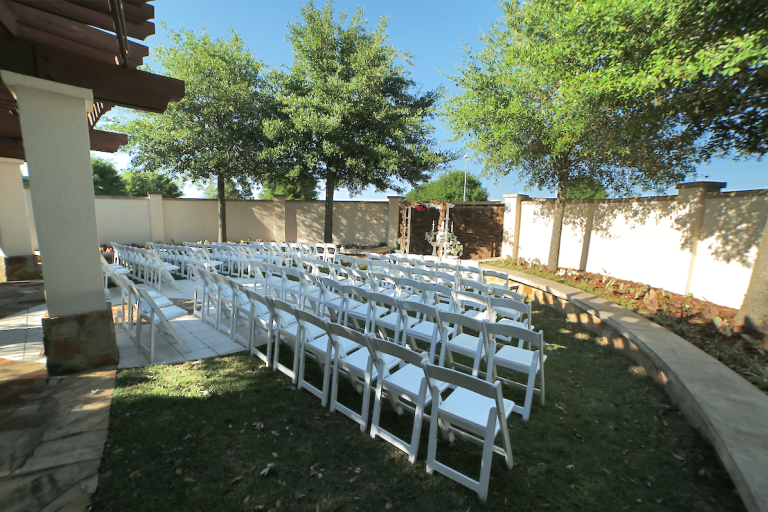 Folding chairs set up in the meditation garden