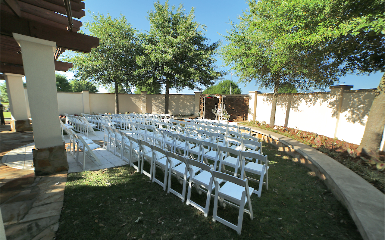 Folding chairs set up in the meditation garden