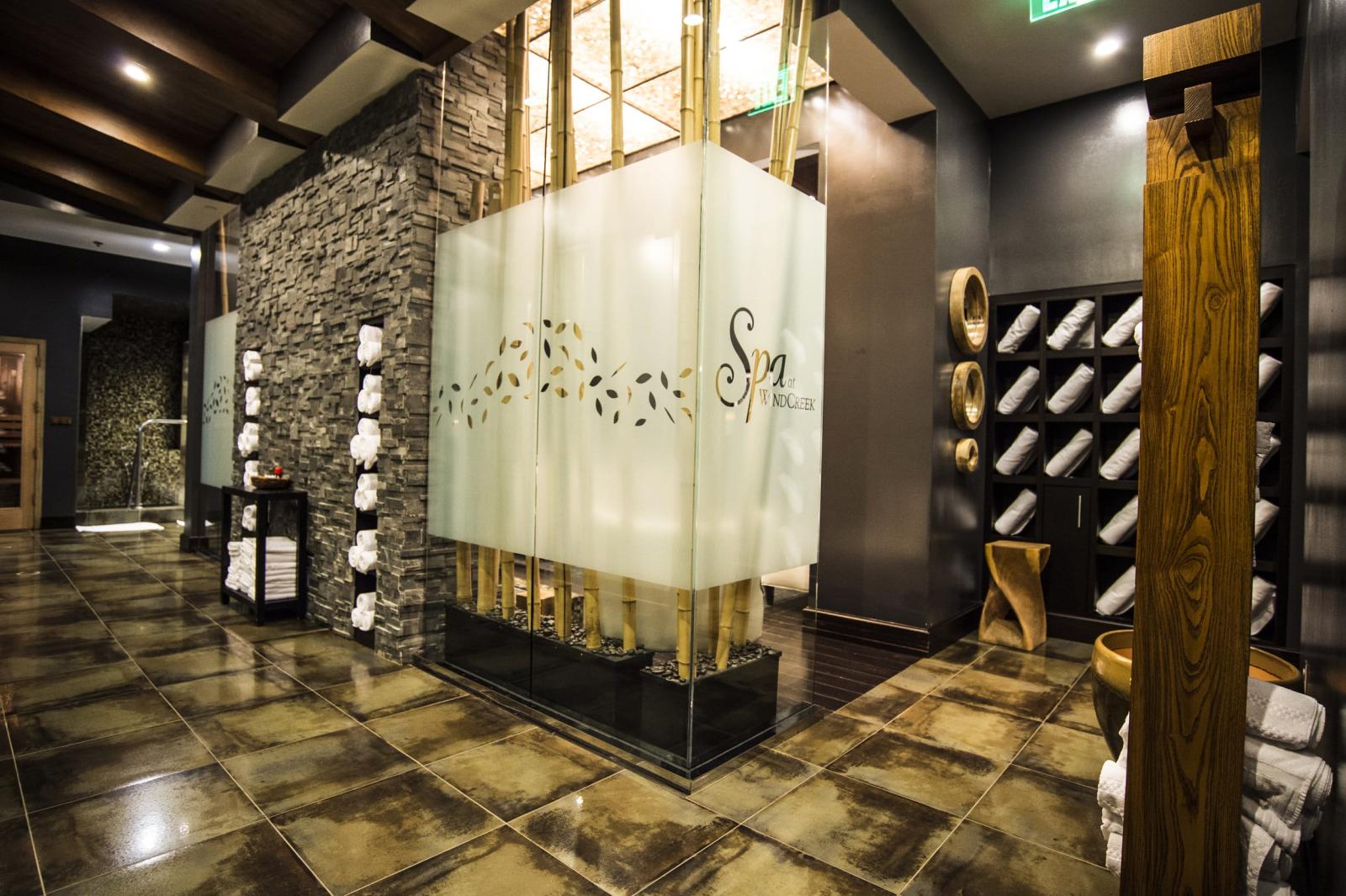 A relaxing spa environment with plenty of towels available