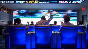 People cheering their team in a theater watching sports